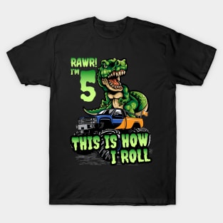 5 Years Old Boy Birthday Dinosaur Trex Monster Truck T-Shirt
